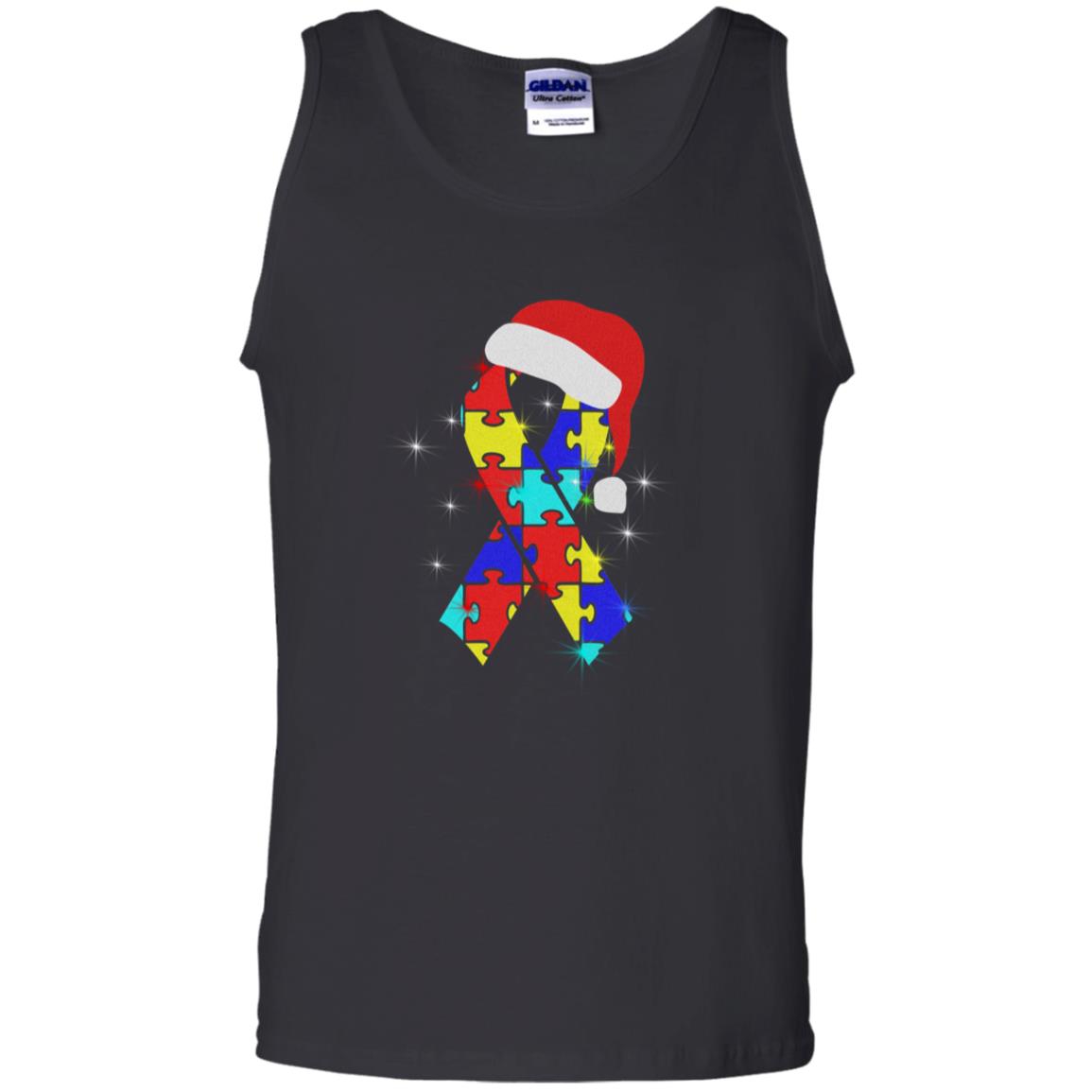 Autism Puzzle Ribbon Santa Hat X-mas Gift Shirt Black