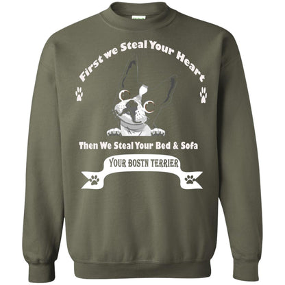 Frist We Steal Your Heart Boston Terrier T-shirt Military Green
