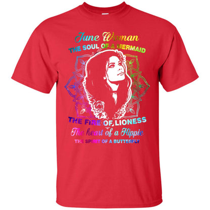 June Woman Shirt The Soul Of A Mermaid The Fire Of Lioness The Heart Of A Hippeie The Spirit Of A Butterfly Red