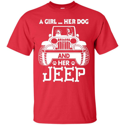 Dog Lover T-shirt A Girl Her Dog And Her Jeep Red