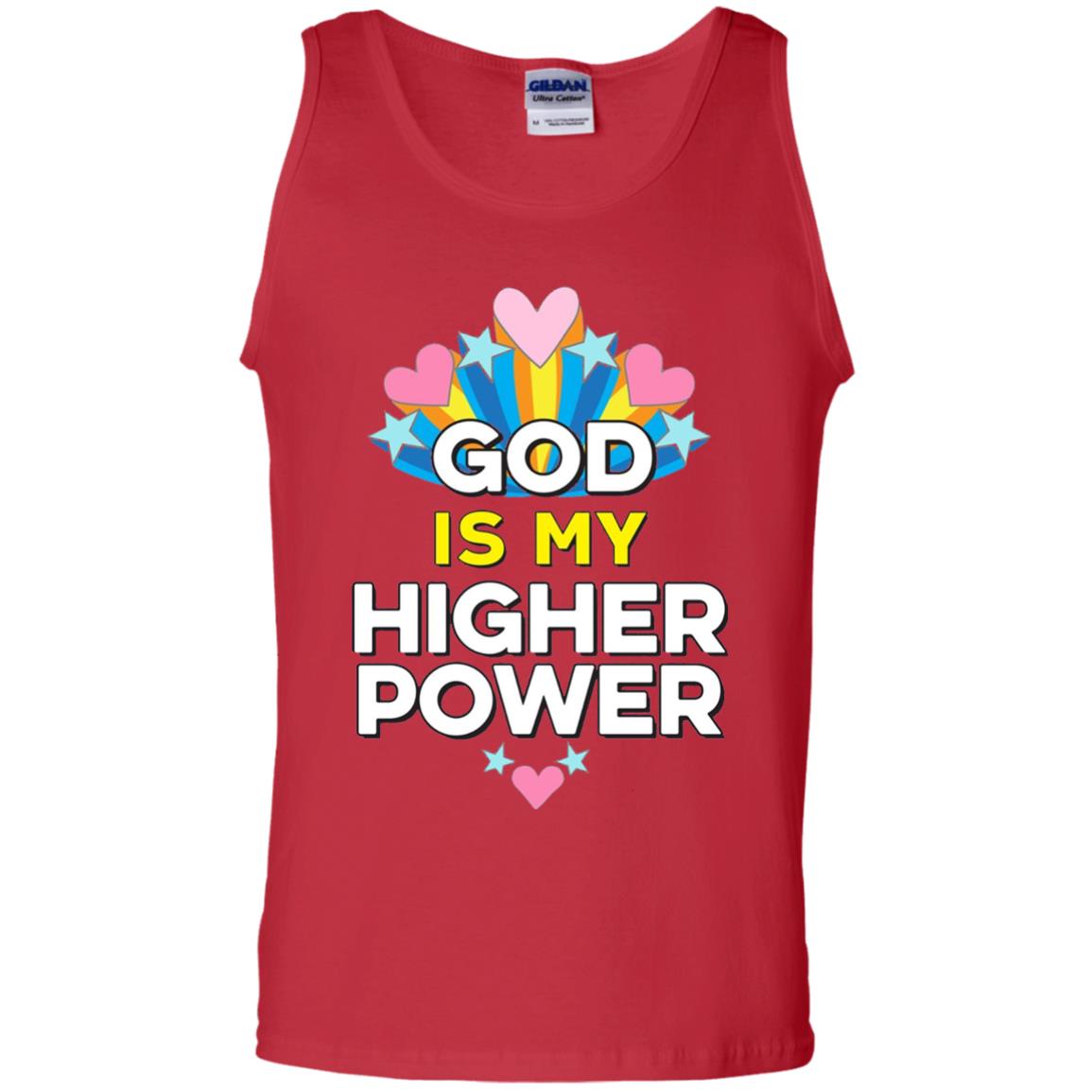 Funny Christian T-shirt God Is My Higher Power Hearts Stars Red