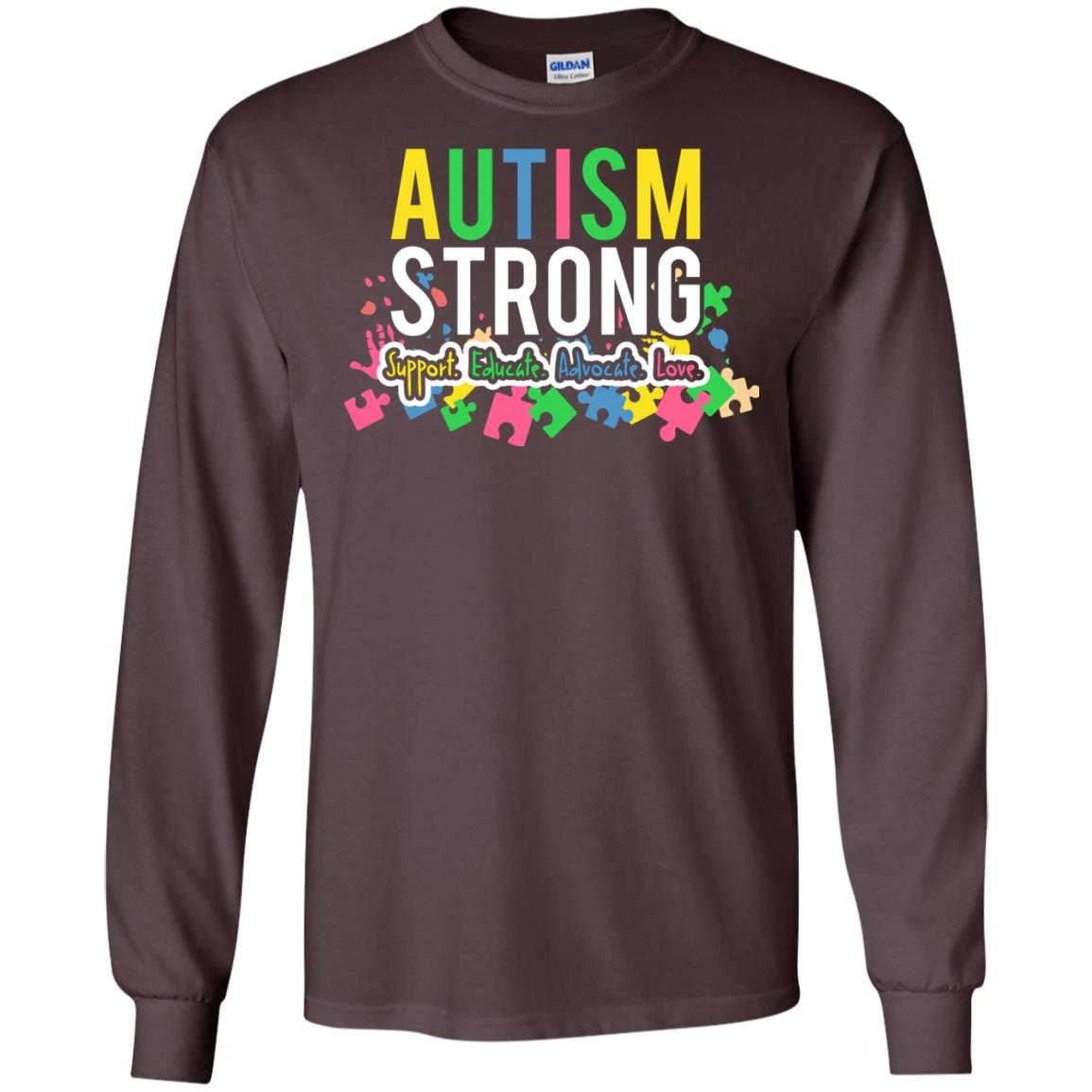 Autism Strong Support Educate Advocate Love Autism Awearness T-shirt Dark Chocolate