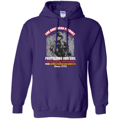Military T-Shirt The American Patriot Protecting Our Soil And Defending Our Freedom From Enemies Foreign And Domestic Since 1776 Purple