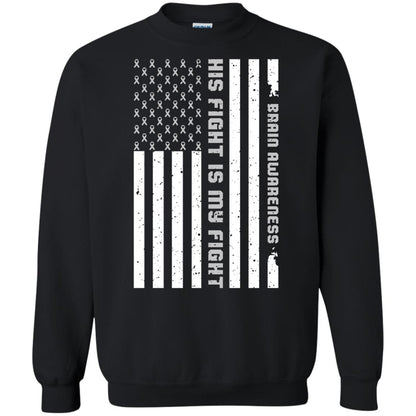 Brain Awareness His Fight Is My Fight Grey Ribbon Stars Flag Of Usa Shirt Black