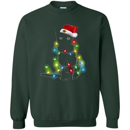 Christmas T-shirt Cat And Lights Forest Green