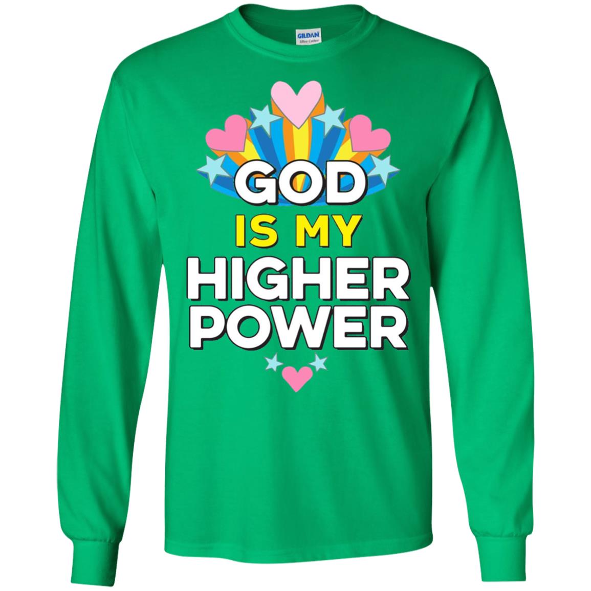 Funny Christian T-shirt God Is My Higher Power Hearts Stars Irish Green