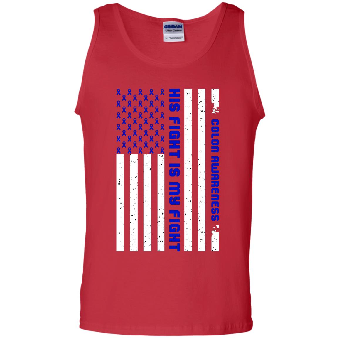 Colon Awareness His Fight Is My Fight Dark Blue Ribbon Stars Flag Of Usa Shirt Red