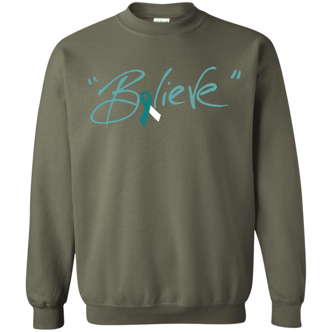 Cervical Cancer Awareness Shirt Teal White Ribbon Believe Military Green