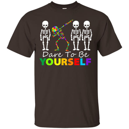 Skeleton Dabbing Dare To Be Yourself Autism Awareness Shirt Dark Chocolate