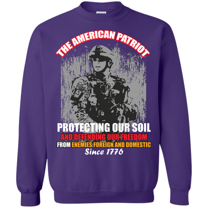 Military T-Shirt The American Patriot Protecting Our Soil And Defending Our Freedom From Enemies Foreign And Domestic Since 1776 Purple