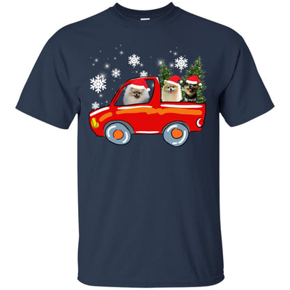 Pomeranians Dogs On Car Merry Christmas Gift Shirt Navy