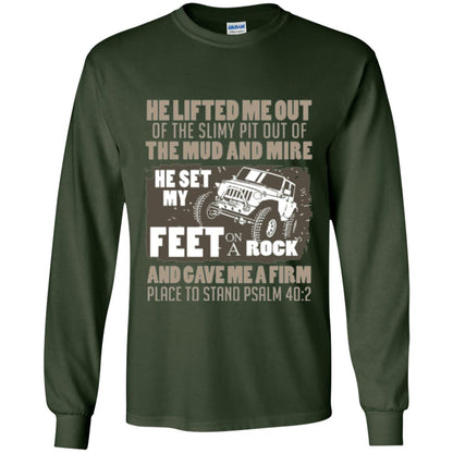 Christian T-shirt He Set My Feet On A Rock He Is My Jeep Forest Green