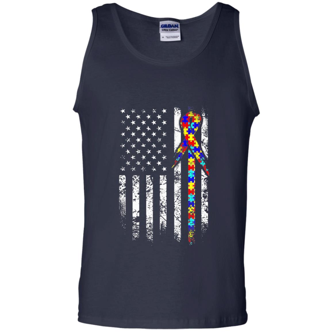 American Flag Distressed Autism Awareness T-shirt Navy