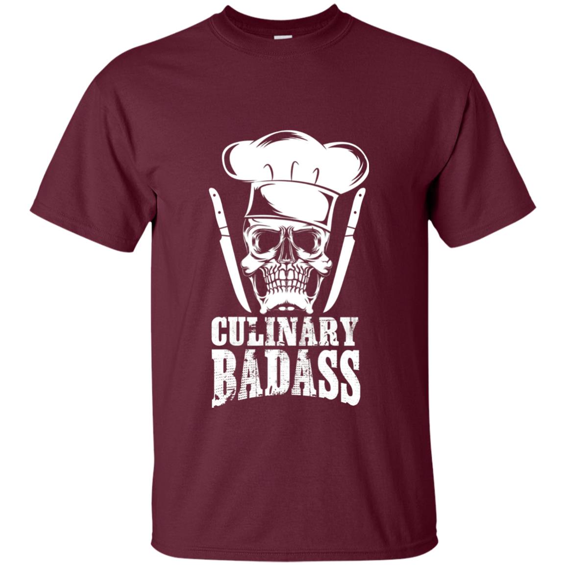 Culinary Badass Funny Chef Skull Knifes Cooking Tshirt Maroon