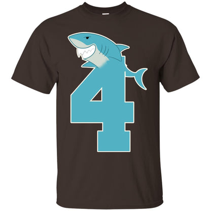 4th Birthday Shark Party Shirt Dark Chocolate