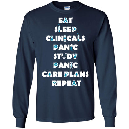 Nurse Student T-shirt Eat Sleep Clinicals Panic Study Panic Care Plans Repeat Navy