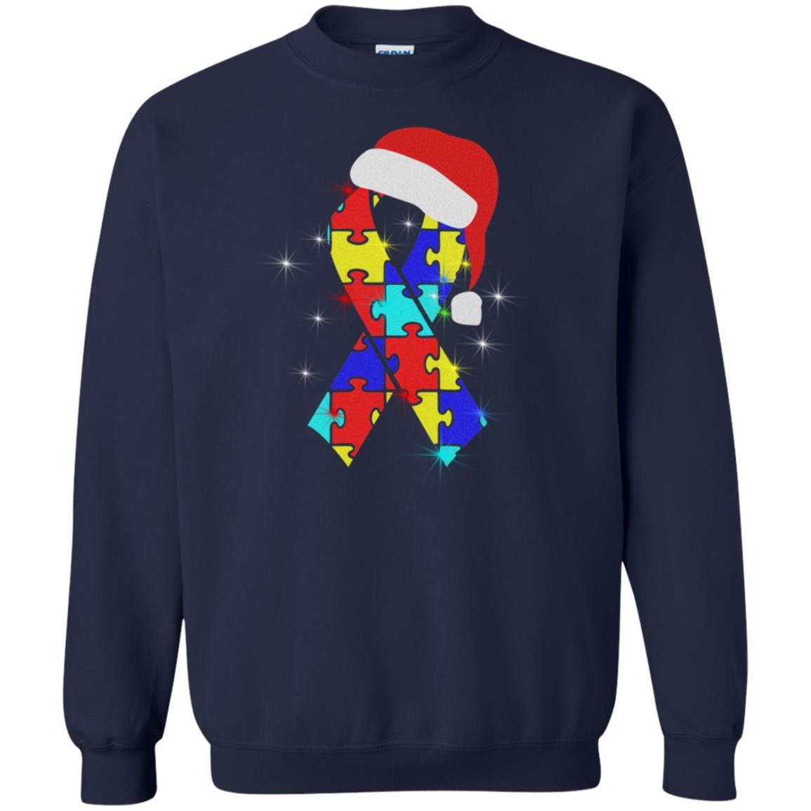 Autism Puzzle Ribbon Santa Hat X-mas Gift Shirt Navy