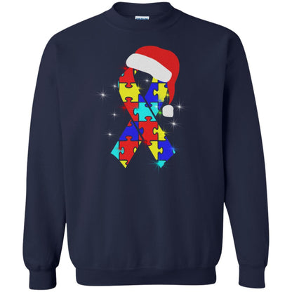 Autism Puzzle Ribbon Santa Hat X-mas Gift Shirt Navy