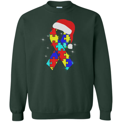 Autism Puzzle Ribbon Santa Hat X-mas Gift Shirt Forest Green