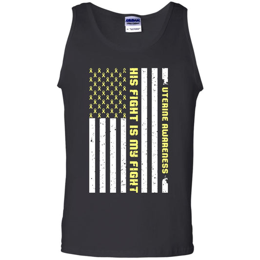 Uterine Awareness His Fight Is My Fight Peach Ribbon Stars Flag Of Usa Shirt Black