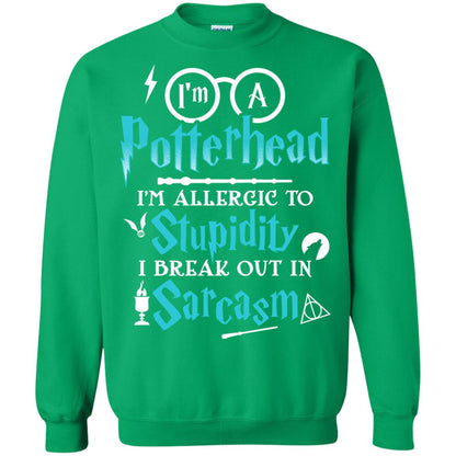 I_m A Potterhead I_m Allergic To Stupidity I Break Out In Sarcasm Harry Potter Fan T-shirt Irish Green