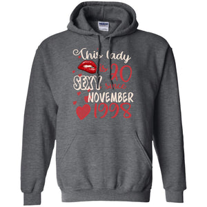 This Lady Is 20 Sexy Since November 1998 20th Birthday Shirt For November WomensG185 Gildan Pullover Hoodie 8 oz.