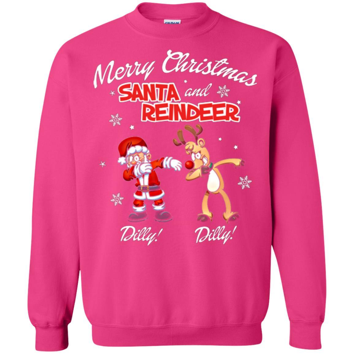 Christmas T-shirt Merry Christmas Santa And Reindeer Dilly Dilly Heliconia