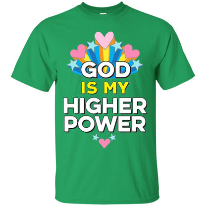 Funny Christian T-shirt God Is My Higher Power Hearts Stars Irish Green