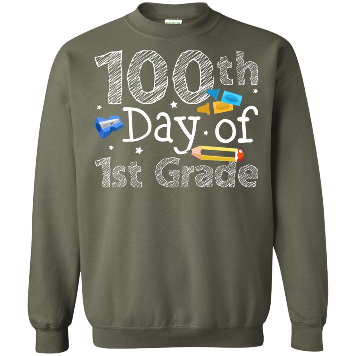 Kindergarten T-shirt 100th Day Of 1st Grade Military Green