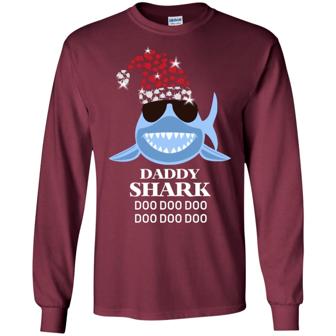 Daddy Shark With Santa Claus Hat Merry X-mas Family Shark Gift Shirt Maroon