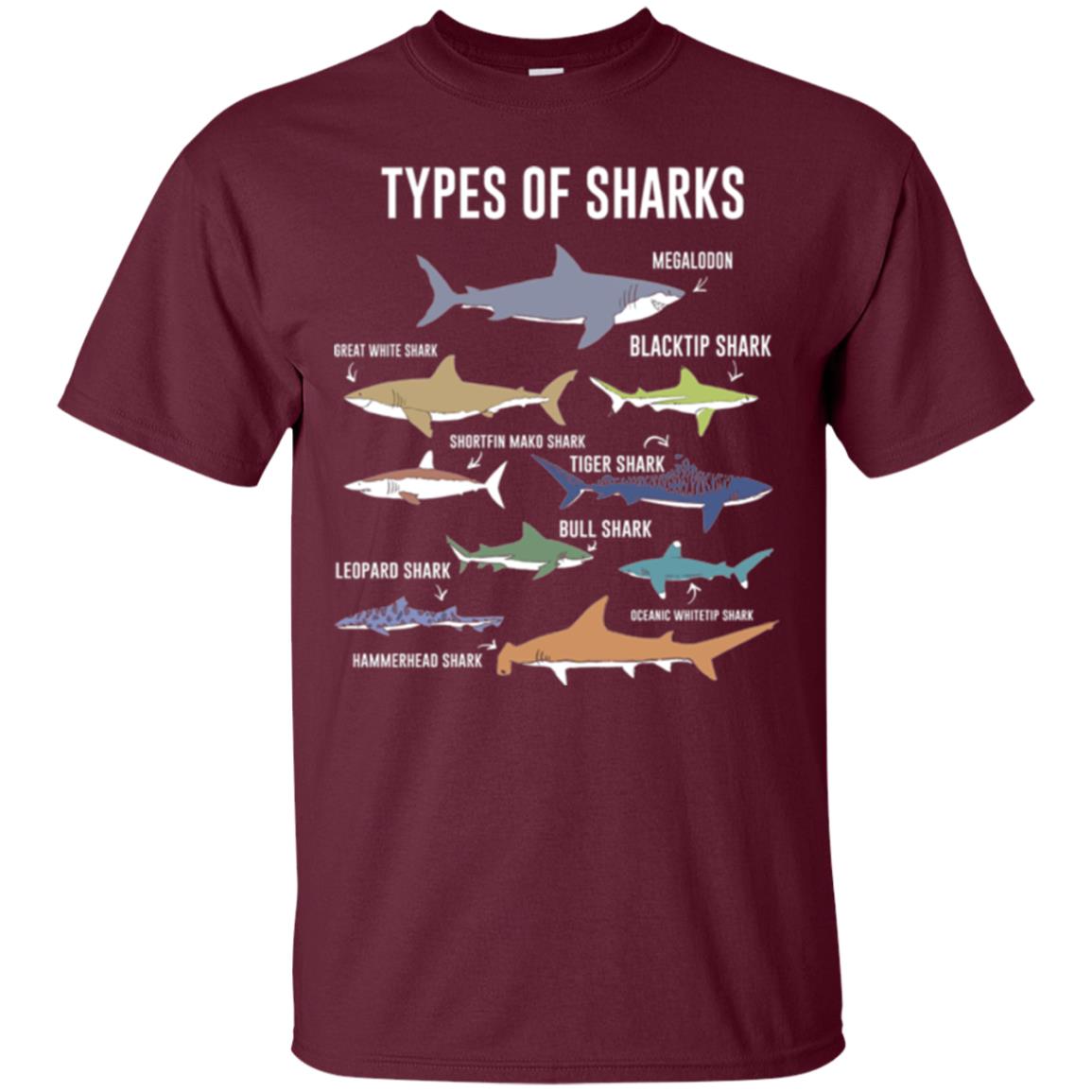 Shark Lovers T-shirt 9 Types Of Sharks Ocean Maroon