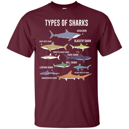 Shark Lovers T-shirt 9 Types Of Sharks Ocean Maroon