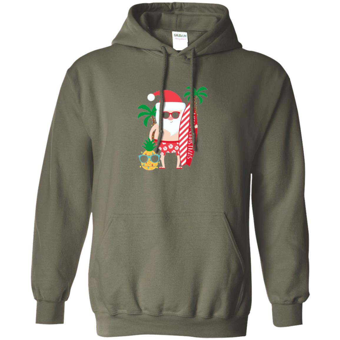 Christmas T-shirt Santa Claus Surfing Hawaiian Military Green