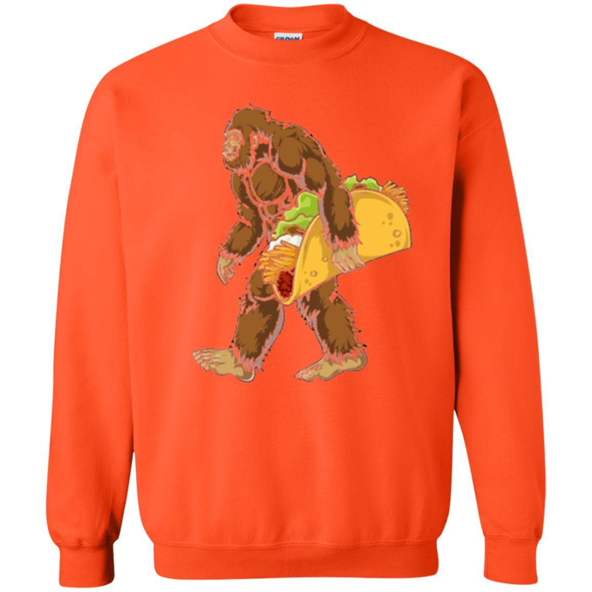 Camping T-shirt Bigfoot Sasquatch Carrying Taco Orange