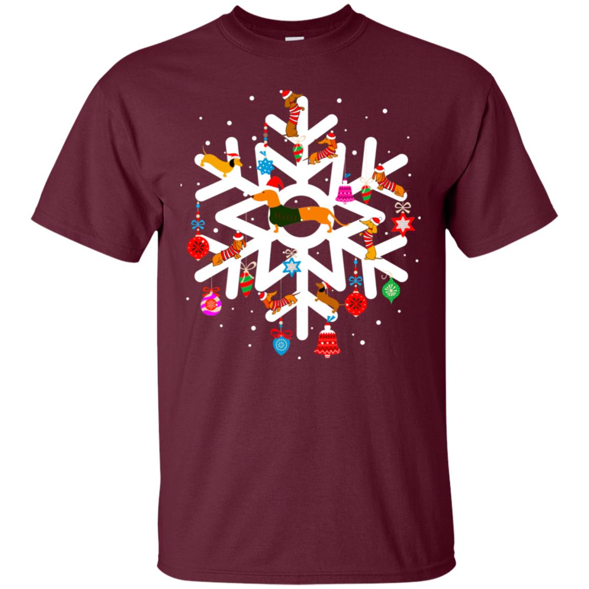 Winter Snow Flower Decorating Bauble And Dachshund X-mas Gift Shirt Maroon