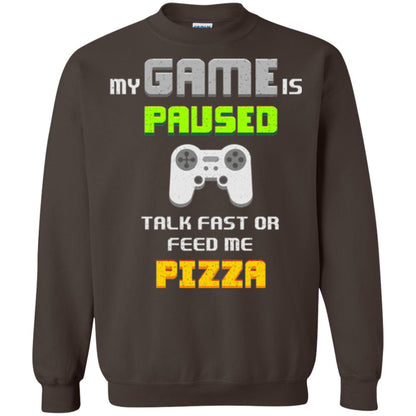 My Game Is Paused Talk Fast Or Feed Me Pizza Funny Gamer T-shirt Dark Chocolate