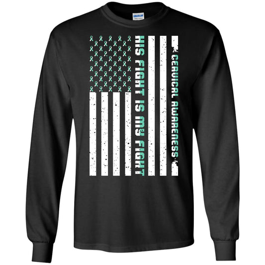 Cervical Awareness His Fight Is My Fight Teal White Stars Flag Of Usa Shirt Black