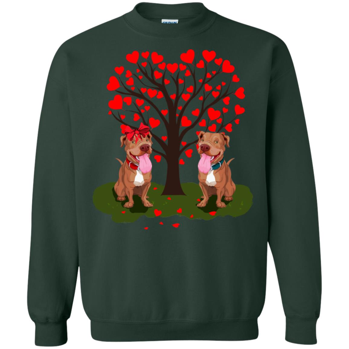 Valentine Pitbull Couple Heart Tree Shirt Forest Green