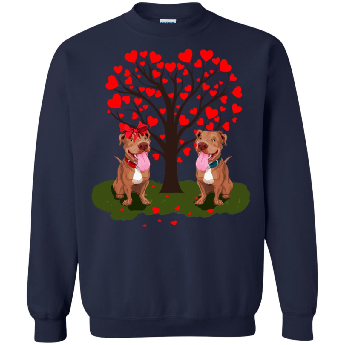 Valentine Pitbull Couple Heart Tree Shirt Navy