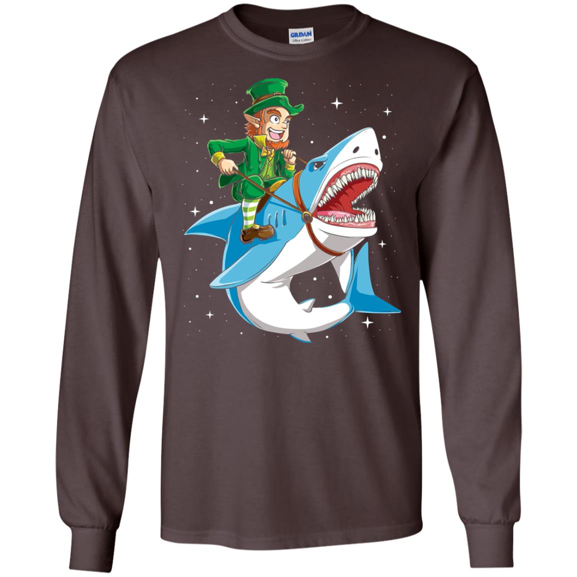 Leprechaun Riding Shark St Patricks Day T-shirt Dark Chocolate