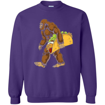Camping T-shirt Bigfoot Sasquatch Carrying Taco Purple