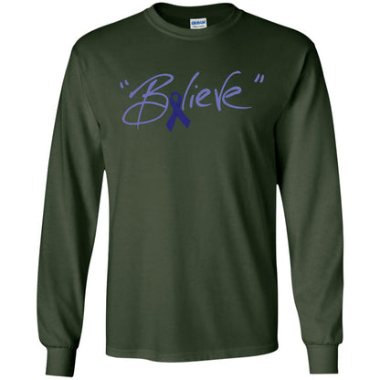 Colon Cancer Awareness Shirt Dark Blue Ribbon Believe Forest Green