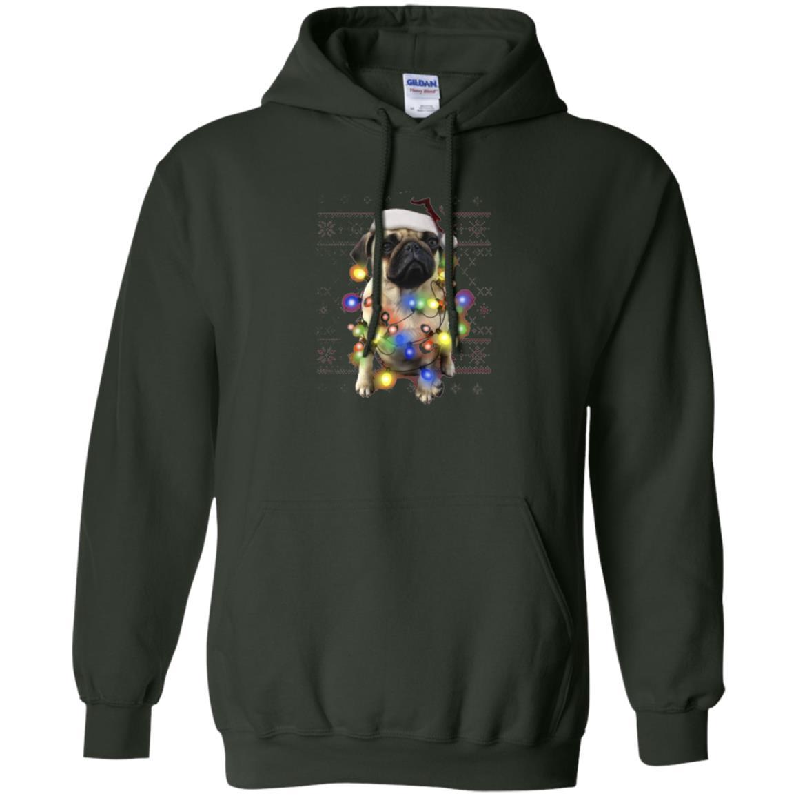 Dog Lover T-shirt Ugly Sweater Photoreal Christmas Lights Pug Graphic Forest Green