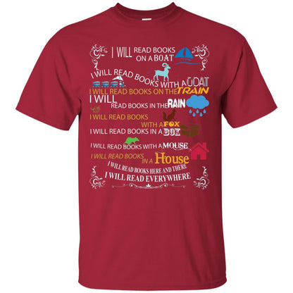 I Will Read Books On A Boat And Everywhere Bookworm T-shirt Cardinal