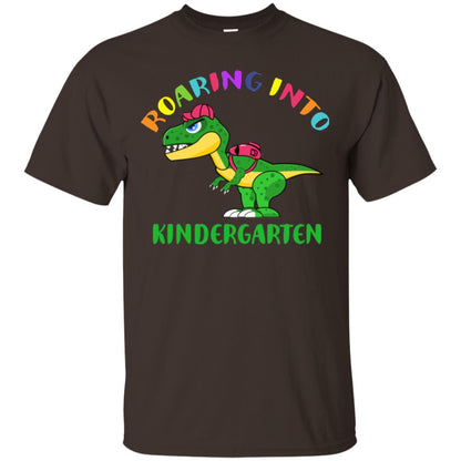 Roaring Into Kindergarten Happy First Day Of School Shirt Dark Chocolate