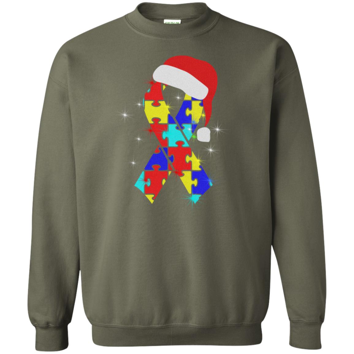 Autism Puzzle Ribbon Santa Hat X-mas Gift Shirt Military Green