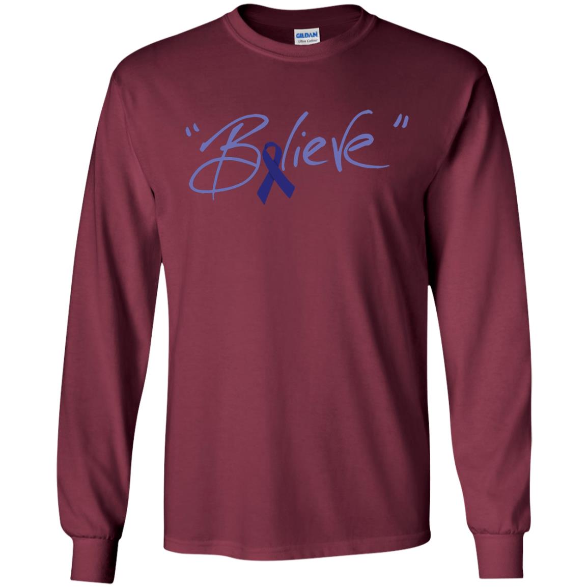 Colon Cancer Awareness Shirt Dark Blue Ribbon Believe Maroon