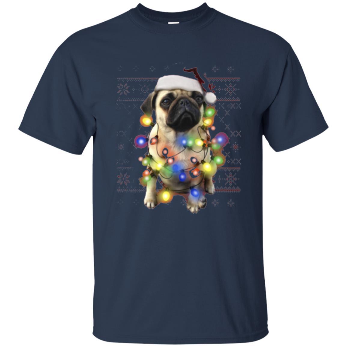 Dog Lover T-shirt Ugly Sweater Photoreal Christmas Lights Pug Graphic Navy