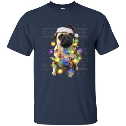 Dog Lover T-shirt Ugly Sweater Photoreal Christmas Lights Pug Graphic Navy