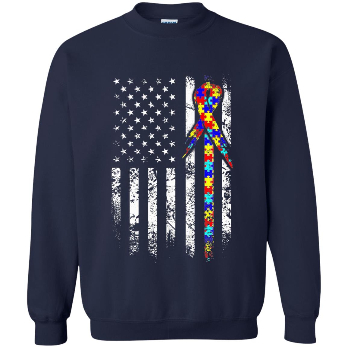 American Flag Distressed Autism Awareness T-shirt Navy